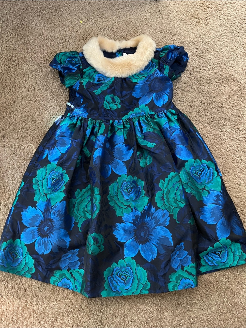 Janie and Jack Blue and Teal Floral Holiday Dress with Faux Fur Collar